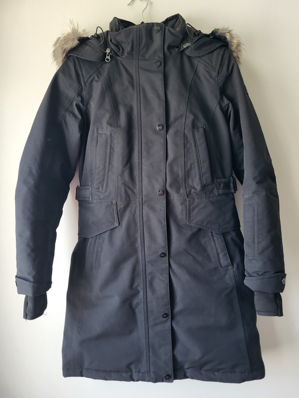 The North Face Tremaya Black Hooded Mid Length Goose Down Cluster Parka